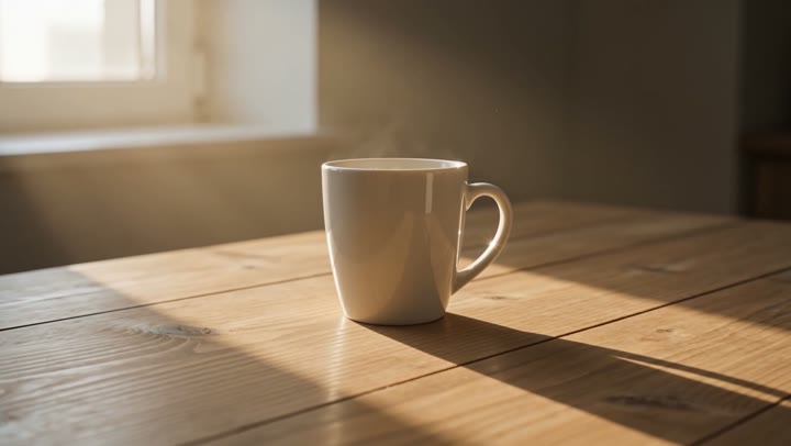 一只白色陶瓷杯放在浅木桌