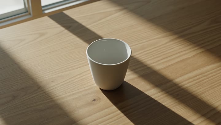 一只白色陶瓷杯放在浅木桌